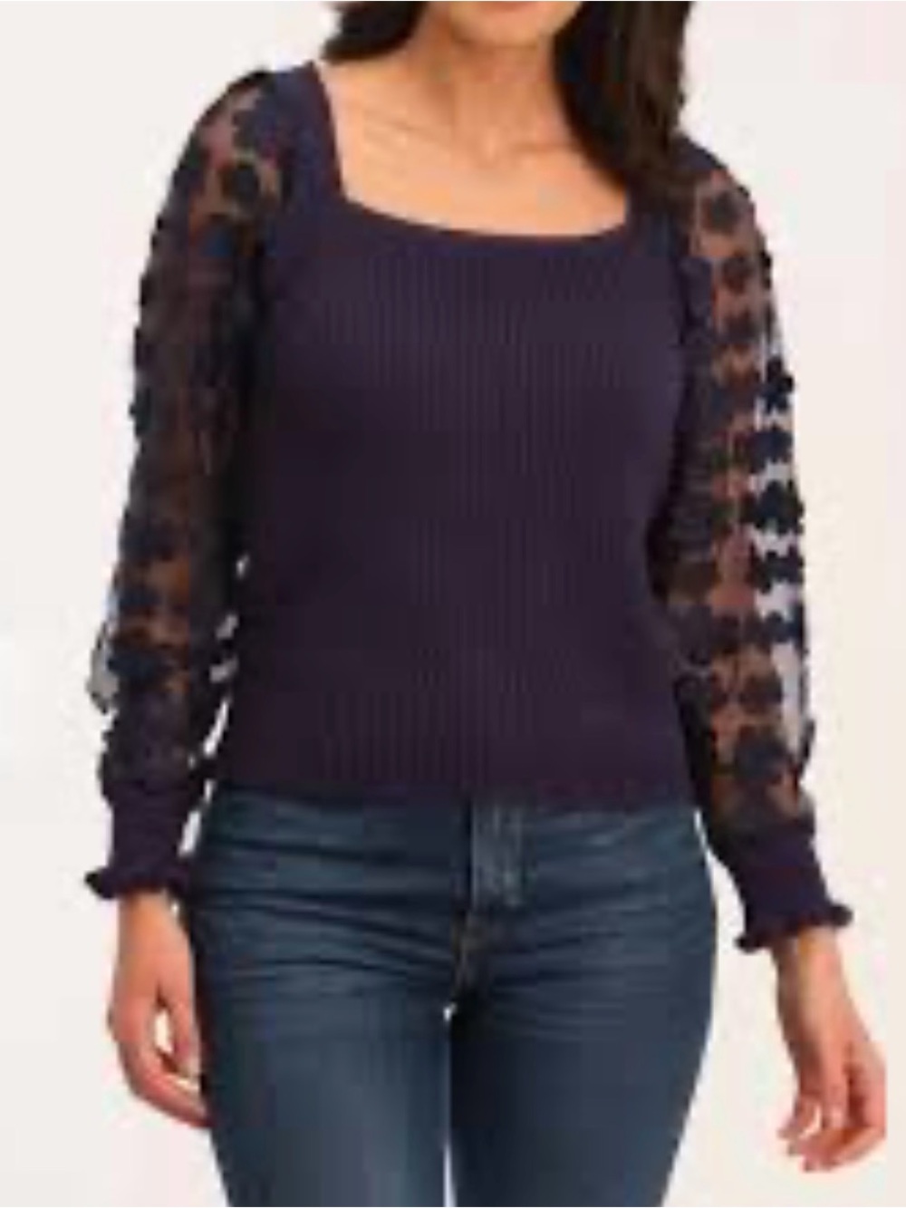 Navy Square-Neck Sweater with Sheer Lace Puff Sleeves